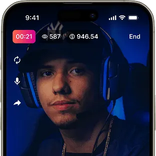 A young man wearing a headset, appearing focused, with a timer and numbers displayed on his smartphone screen.